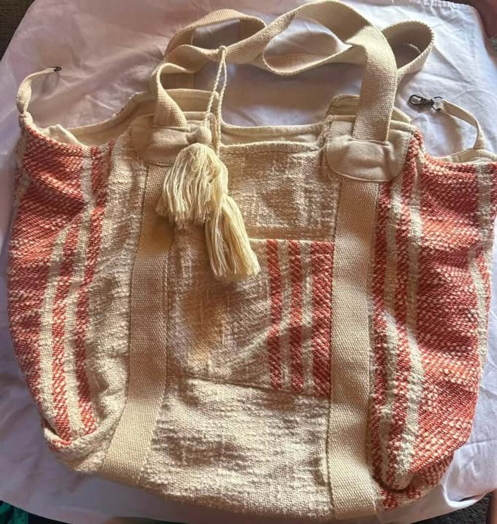 Handwoven Red & Cream Cotton Tote Bag Tassel Large Shoulder Bag Made in India